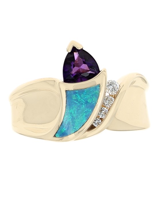 Trillion Amethyst, Opal Panel and Diamond Ring